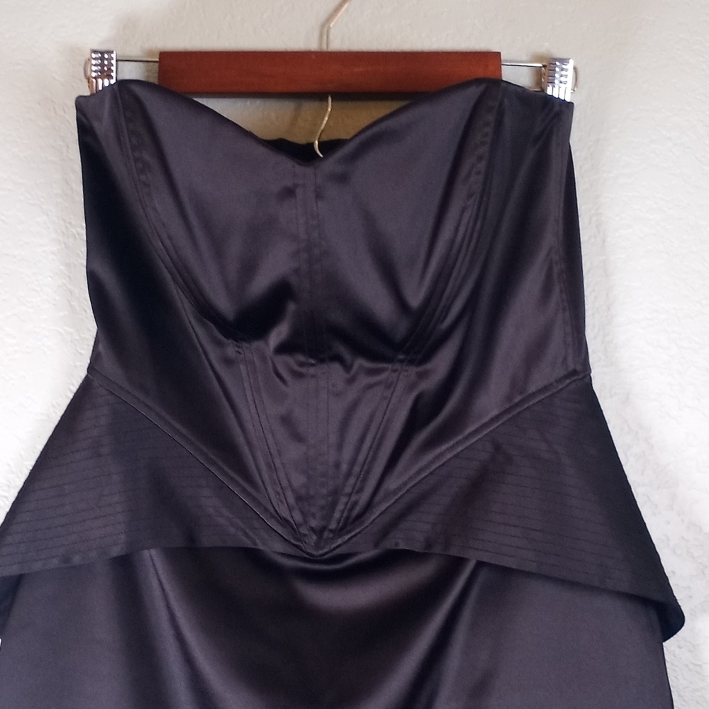Betsey Johnson Vintage Black Satin Strapless Corset Sweetheart Neck Peplum Dress - Picture 5 of 11